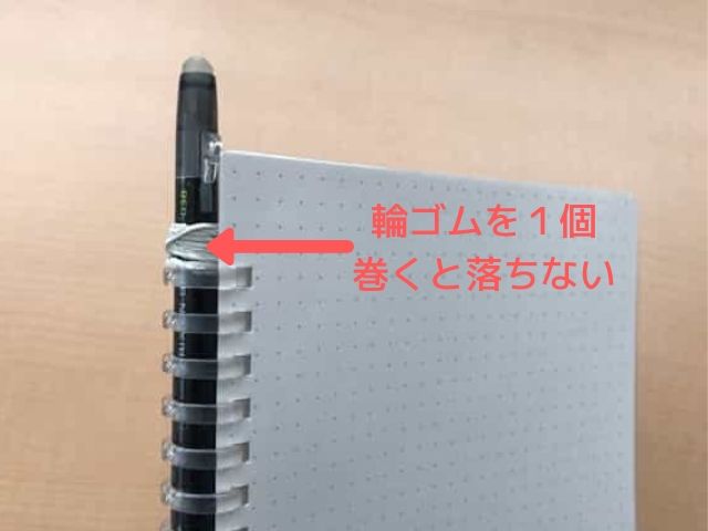 リヒトラブのツイストノートのリングにフリクションの１色タイプのペンを挿す時は輪ゴムを１個巻くと抜け落ちない